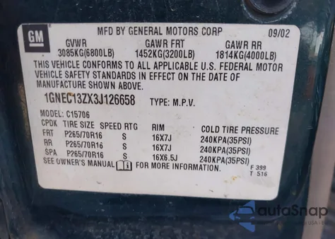 2003 Chevrolet Tahoe Lt из США, поврежденный, VIN 1GNEC13ZX3J126658